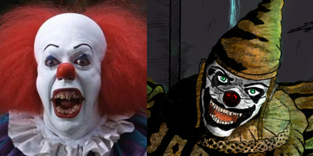 Stephen King's Pennywise the Clown from IT, versus Tim Powers' Horrabin. (Tim Curry as Pennywise on the left, and Horrabin detail illustration by artist Thaxssillissia on the right.)
