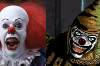 Stephen King's Pennywise the Clown from IT, versus Tim Powers' Horrabin. (Tim Curry as Pennywise on the left, and Horrabin detail illustration by artist Thaxssillissia on the right.)