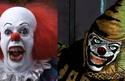 Stephen King's Pennywise the Clown from IT, versus Tim Powers' Horrabin. (Tim Curry as Pennywise on the left, and Horrabin detail illustration by artist Thaxssillissia on the right.)